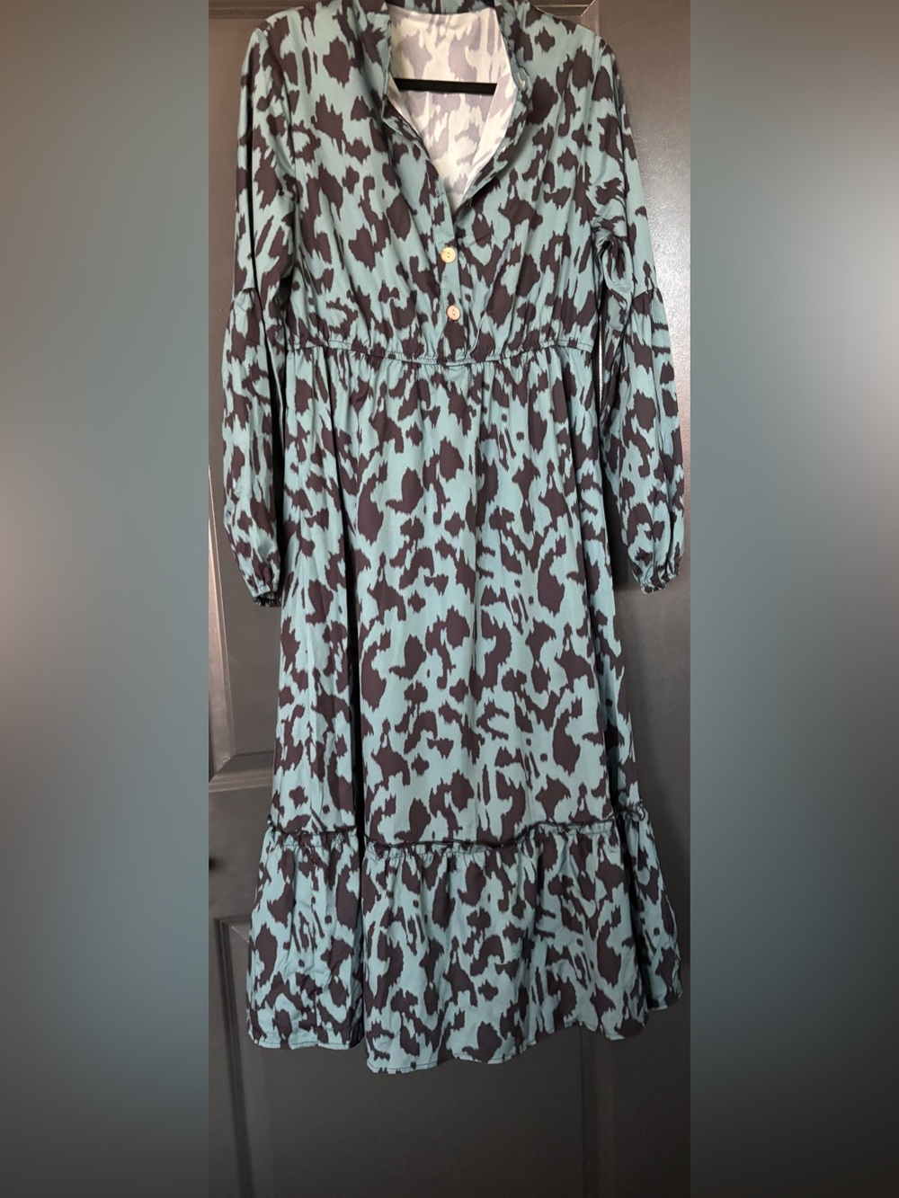 Mint-Green and Black Printed Midi Dress with Elastic Waist